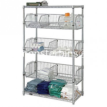 Wire Basket Shelving Unit - 2 Shelves, 3 Baskets - 18x48x63