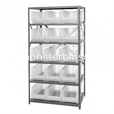 Steel Shelving Unit with 6 Shelves and 15 QUS953 Clear Bins