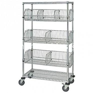 Mobile Wire Basket Shelving Unit - 2 Shelves, 3 Baskets - 18x36x69 (with attached casters)