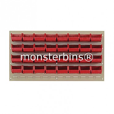 Beige Louvered Panel With 32 MB220 Bins - Red