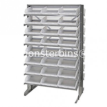 Double Sided Sloped Pick Rack - 16 Shelves - 48 Clear Shelf Bins (12x11x4)