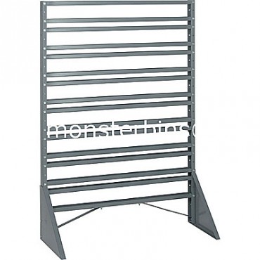 Single sided 16 rail stand for hanging plastic bins