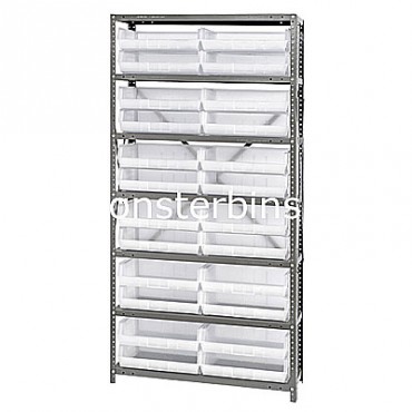 Steel Shelving Unit with 7 Shelves and 24 QUS239 Clear Bins