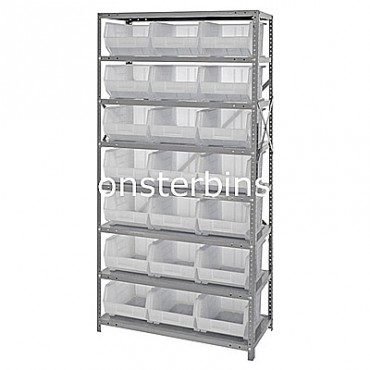 Steel Shelving Unit with 8 Shelves and 21 MB255 Clear Bins