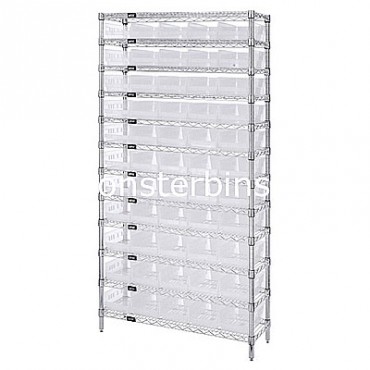 Wire Shelving Unit with 12 Shelves and 55 Clear Shelf Bins (24x6x4)