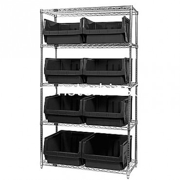 Wire Shelving Unit with 5 Shelves and 8 QMS543 Bins
