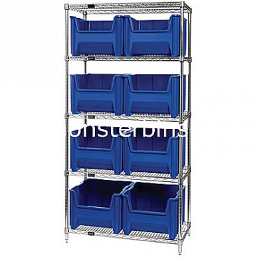 Wire Shelving Unit with 5 Shelves and 8 QGH800 Bins