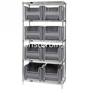 Wire Shelving Unit with 5 Shelves and 8 QGH800 Bins