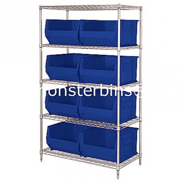 Wire Shelving Unit with 5 Shelves and 8 QUS975 Bins