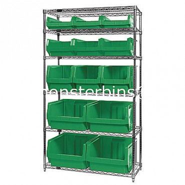 Wire Shelving Unit with 6 Shelves and 3 QMS531, 3 QMS532, 3 QMS-533, 4 QMS543 Bins