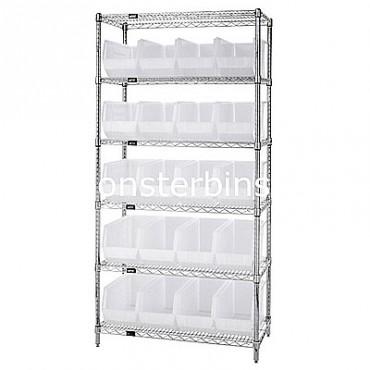 Wire Shelving Unit with 6 Shelves and 20 QUS265 Clear Bins