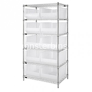Wire Shelving Unit with 6 Shelves and 10 QUS954 Clear Bins