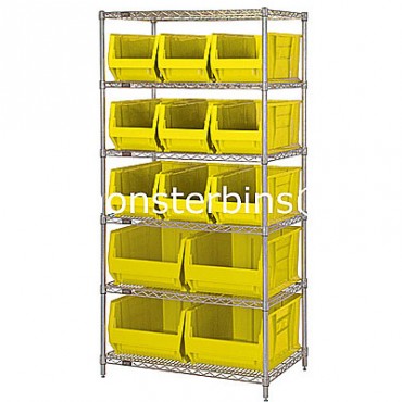 Wire Shelving Unit with 6 Shelves and 9 QUS973, 4 QUS974 Bins