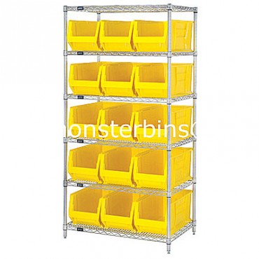 Wire Shelving Unit with 6 Shelves and 15 QUS973 Bins