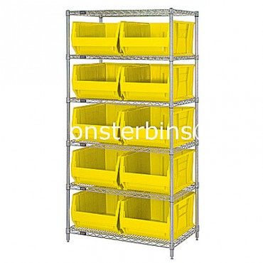 Wire Shelving Unit with 6 Shelves and 10 QUS974 Bins