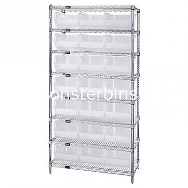 Wire Shelving Unit with 8 Shelves and 21 QUS255 Clear Bins