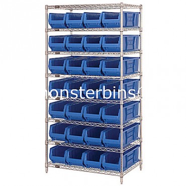 Wire Shelving Unit with 8 Shelves and 28 QUS950 Bins