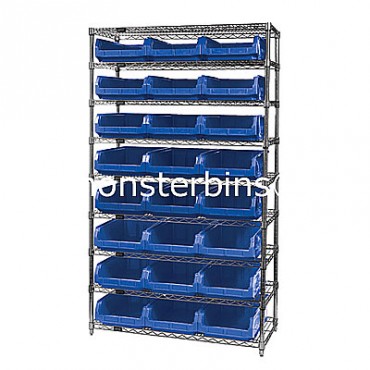 Wire Shelving Unit with 9 Shelves and 24 QMS531 Bins