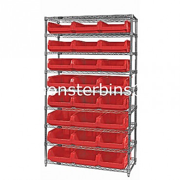 Wire Shelving Unit with 9 Shelves and 24 QMS531 Bins